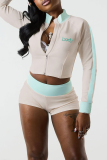 Blue Casual Letters Zipper Embroidery Zipper Collar Long Sleeve Two Pieces