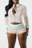 Blue Casual Letters Zipper Embroidery Zipper Collar Long Sleeve Two Pieces