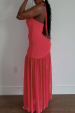 Rose Red Sexy Solid Color Slit Ruched Halter Long Dresses