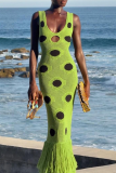 Blue Sexy Polka Dot Fringed Trim Spaghetti Strap Long Dresses
