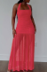 Rose Red Sexy Solid Color Slit Ruched Halter Long Dresses