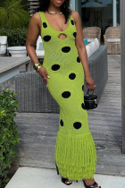 Green Sexy Polka Dot Fringed Trim Spaghetti Strap Long Dresses