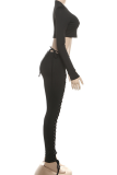 Cream White Sexy Solid Color Cross Straps O Neck Long Sleeve Two Pieces