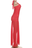 Rose Red Sexy Solid Color Slit Ruched Halter Long Dresses