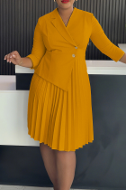 Earth Yellow Elegant Solid Color Pleated Turndown Collar Long Dresses