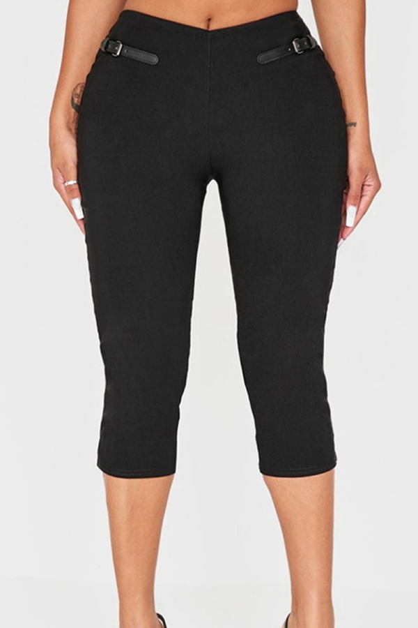 Black Casual Solid Color Regular Conventional Patchwork Bottoms