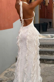 Blue Sexy Solid Color Lace Stringy Selvedge Deep V Neck Long Dresses