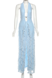 Blue Sexy Solid Color Lace Stringy Selvedge Deep V Neck Long Dresses