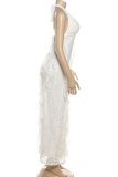 Blue Sexy Solid Color Lace Stringy Selvedge Deep V Neck Long Dresses