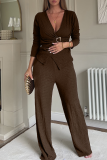 Brown Casual Solid Color Metal Accessories Trim V Neck Long Sleeve Two Pieces