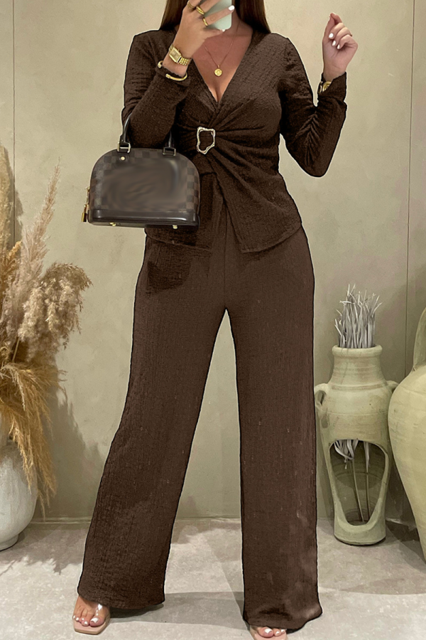 Brown Casual Solid Color Metal Accessories Trim V Neck Long Sleeve Two Pieces