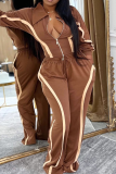 Blue Casual Solid Color Zipper Contrast Turndown Collar Long Sleeve Two Pieces