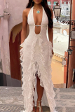 Blue Sexy Solid Color Lace Stringy Selvedge Deep V Neck Long Dresses