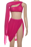 Rose Red Sexy Solid Color Patchwork O Neck Two Pieces