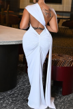 White Sexy Solid Color Backless Oblique Collar Long Dresses