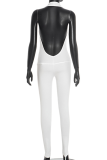 White Sexy Solid Color Backless Deep V Neck Skinny Jumpsuits