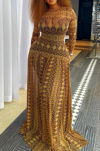 Yellow Brown Elegant Print Patchwork O Neck Long Dresses