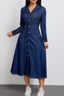 Deep Blue Casual Solid Color Buckle Turndown Collar Long Sleeve Boot Cut Denim Dresses