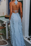 Blue Sexy Solid Color Lace Stringy Selvedge Deep V Neck Long Dresses