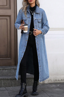 Blue Casual Solid Color Buckle Turndown Collar Long Sleeve Denim Jacket