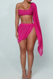 Rose Red Sexy Solid Color Patchwork O Neck Two Pieces