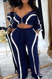 Blue Casual Solid Color Zipper Contrast Turndown Collar Long Sleeve Two Pieces