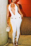 White Sexy Solid Color Backless Deep V Neck Skinny Jumpsuits