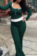 Green Casual Solid Color Contrast U Neck Long Sleeve Three Pieces
