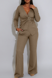 Brown Casual Solid Color Metal Accessories Trim V Neck Long Sleeve Two Pieces