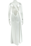 White Sexy Solid Color Backless Oblique Collar Long Dresses