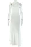 White Sexy Solid Color Backless Oblique Collar Long Dresses
