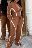Blue Casual Solid Color Zipper Contrast Turndown Collar Long Sleeve Two Pieces