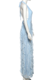 Blue Sexy Solid Color Lace Stringy Selvedge Deep V Neck Long Dresses