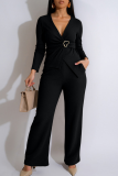 Brown Casual Solid Color Metal Accessories Trim V Neck Long Sleeve Two Pieces