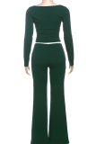 Green Casual Solid Color Contrast U Neck Long Sleeve Three Pieces