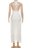 Blue Sexy Solid Color Lace Stringy Selvedge Deep V Neck Long Dresses