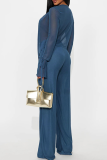 Blue Casual Solid Color Ruched Deep V Neck Long Sleeve Two Pieces