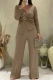 Khaki Casual Solid Color Metal Accessories Trim V Neck Long Sleeve Two Pieces