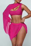 Rose Red Sexy Solid Color Patchwork O Neck Two Pieces