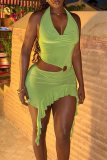 Green Sexy Solid Color Hollow Out Halter Wrapped Skirt Dresses