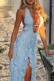 Blue Sexy Solid Color Lace Stringy Selvedge Deep V Neck Long Dresses