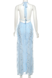 Blue Sexy Solid Color Lace Stringy Selvedge Deep V Neck Long Dresses