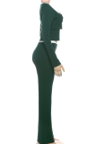 Green Casual Solid Color Contrast U Neck Long Sleeve Three Pieces