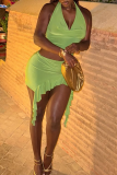 Green Sexy Solid Color Hollow Out Halter Wrapped Skirt Dresses