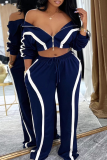 Blue Casual Solid Color Zipper Contrast Turndown Collar Long Sleeve Two Pieces
