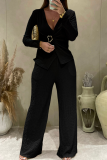 Brown Casual Solid Color Metal Accessories Trim V Neck Long Sleeve Two Pieces