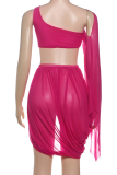 Rose Red Sexy Solid Color Patchwork O Neck Two Pieces
