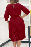 Purple Casual Solid Color With Belt Pleated O Neck Long Dresses