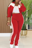 Rose Red Casual Zipper Contrast Turndown Collar Long Sleeve Two Pieces