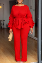 Red Casual Solid Color Draw String O Neck Long Sleeve Two Pieces
